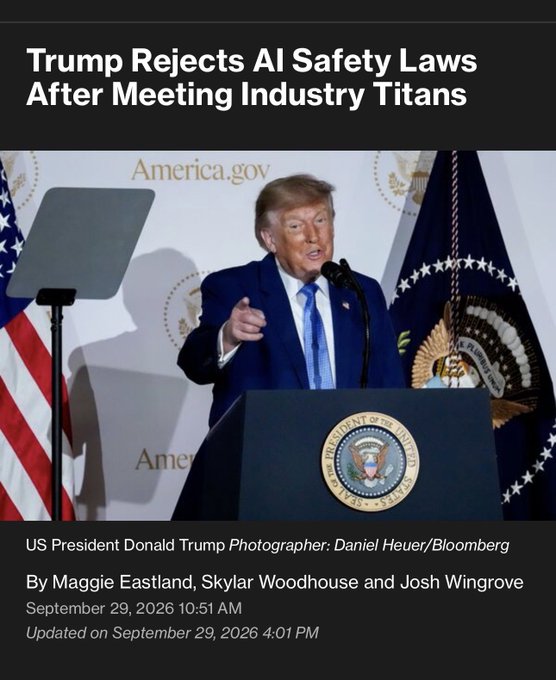 A news article screenshot with the headline 'Trump Rejects AI Safety Laws After Meeting Industry Titans,' featuring a photo of US President Donald Trump speaking at a podium, with a Bloomberg byline dated September 29, 2026.