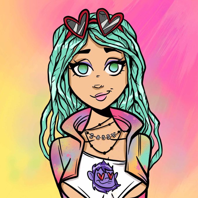 A cartoon-style illustration of a girl with long turquoise hair wearing heart-shaped sunglasses on her head, a rainbow jacket, a 'SASSY' necklace, and a white shirt with a purple monkey logo.