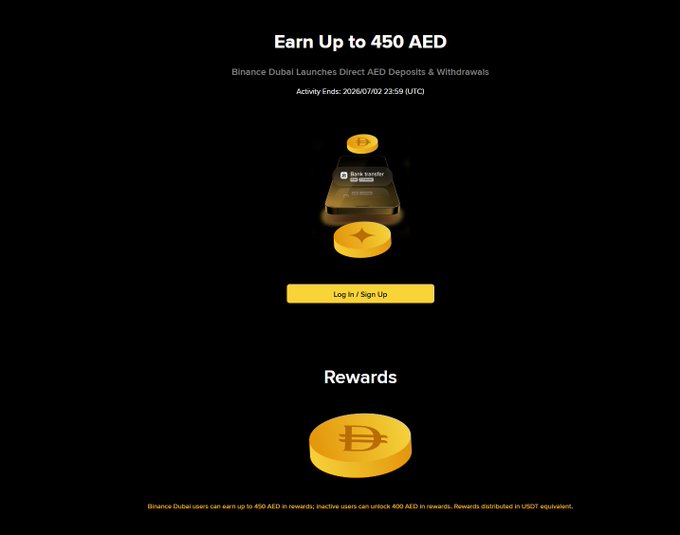 The image shows an advertisement for a cryptocurrency exchange, specifically focusing on earning up to 450 AED through AED deposits or withdrawals with no fees. The website displays a gold coin symbol and text that reads "Access to crypto in the UAE has never been easier than it is today through @BinanceArabic AED deposits with no fees AED withdrawals with a fixed fee of just 10 dirhams Fast transfers usually within one business day UAE-regulated banking infrastructure within the". The image also includes a link to the post, which provides more information about the cryptocurrency exchange and its services.