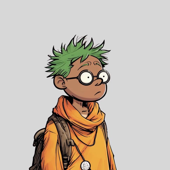 A cartoon illustration features a young character with spiky green hair, round glasses, and an orange scarf and shirt, carrying a backpack. The image aligns with the hashtag #HashtagName, visually representing its quirky, adventurous theme through the character's distinctive, expressive design.