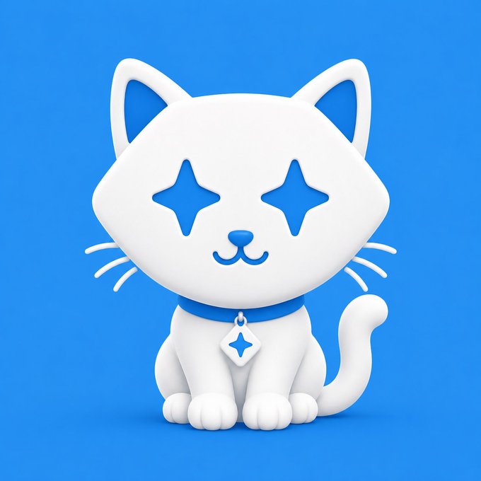 A 3D rendered white cartoon cat with blue star-shaped eyes and a blue collar with a matching star pendant, sitting against a solid blue background.