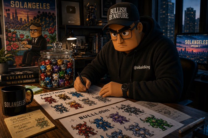 A cartoon artist wearing a “BULLISH BY NATURE” cap sketches Bulltoshi NFT characters at a desk filled with “SOLANGELES Episode 2” artwork and posters. The scene promotes the Bulltoshi NFT collection’s featured appearance in the next episode of SOLANGELES, celebrating the partnership.
