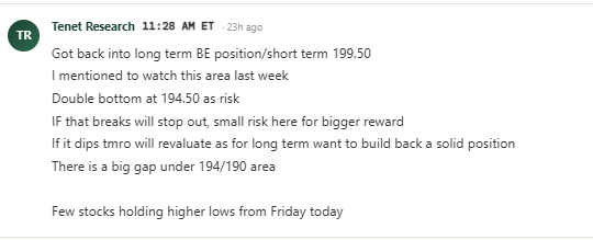 The image shows a trading commentary from "Tenet Research" discussing re-entering a long-term position on $BE with a short-term target of 199.50 and a double bottom at 194.50 as risk, noting a significant gap below the 194/190 area. The post refers to this as a "decent move" on $BE, validating the analyst's prior calls about entering the position in the specified price zone.