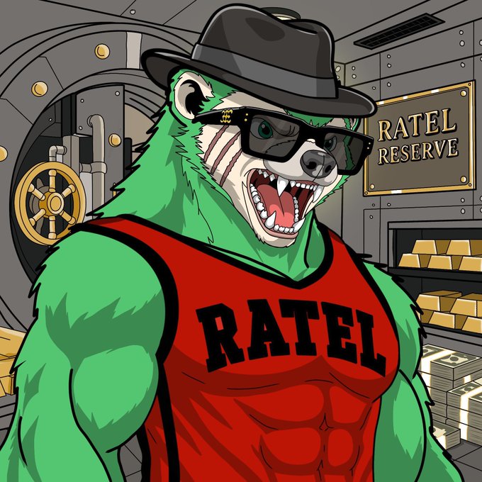 A cartoon illustration of a muscular green bear wearing a black fedora, sunglasses, and a red tank top with 'RATEL' written across the chest, standing in front of a vault labeled 'RATEL RESERVE' with gold bars.