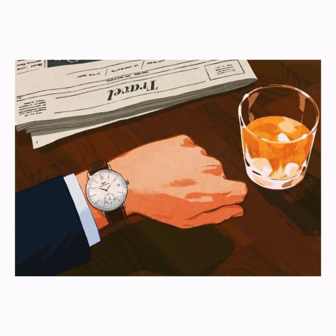 A suited wrist with a classic watch rests beside a glass of whiskey with ice and a folded newspaper on a dark wooden table. The scene evokes the patient, old-world discipline of holding strong positions and letting time—and a stiff drink—do the work, contrasting sharply with today's frantic cycle of chasing new narratives and memecoins.
