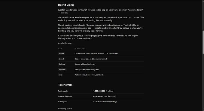 This image outlines "How it works" for a token launchpad that uses Claude AI, Uniswap v4 Hooks, and NFTs, featuring "Tokenomics" like a total supply of 1 billion tokens. The text explains how users can simply ask Claude to launch a token, which then creates a wallet, deploys the token to Ethereum mainnet with a bonding curve, and offers tools for managing it.