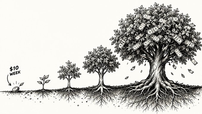 A black and white sketch illustrating the growth of an investment, showing a seed labeled '$10 WEEK' sprouting into a sapling, a tree, and finally a large tree with money growing on its branches.