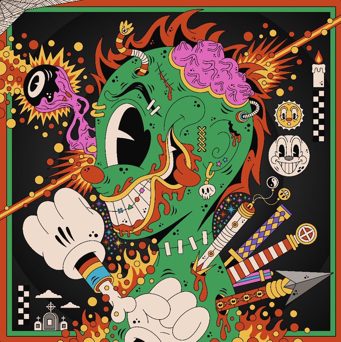 A vibrant, chaotic illustration featuring a green zombie-like head with exposed pink brains, surrounded by flames, a checkered flag, candles, and various cartoonish doodles in a punk-style aesthetic that matches the edgy, collectible NFT art referenced in the post about @uyo66_'s work.