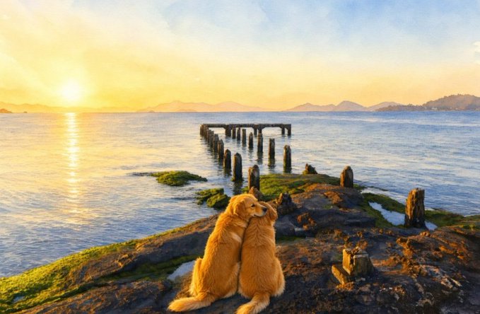 A golden retriever sitting on a rocky shoreline at sunset, looking out at the ocean and an old wooden pier.