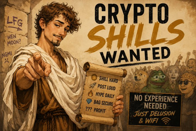 An illustrated poster titled 'CRYPTO SHILLS WANTED' depicting a robed figure pointing forward, holding a scroll listing 'SHILL HARD, POST LOUD, HYPE DAILY, BAG SECURE, ??? PROFIT', with text reading 'NO EXPERIENCE NEEDED, JUST DELUSION & WIFI'.
