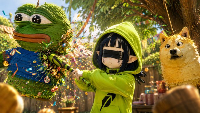 A person in a green hoodie and sunglasses holds a stick in a backyard, facing a Pepe the Frog piñata, with a Doge piñata visible to the right amid colorful party decorations.