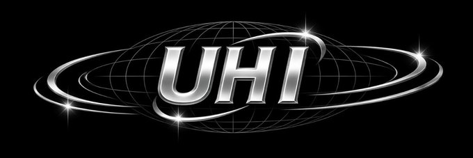A stylized silver “UHI” logo appears over a wireframe globe, encircled by metallic orbital rings and bright star-like flares. The graphic serves as a banner image for the Robinhood token $UHI on Moby.