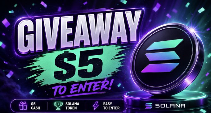 The image is a promotional graphic for a Solana giveaway, featuring bold neon text announcing "GIVEAWAY $5 TO ENTER!" alongside the official Solana logo and a 3D coin on a dark purple background with confetti effects. A bottom banner highlights the entry details: "$5 CASH," "SOLANA TOKEN," and "EASY TO ENTER," supporting the post's instructions to drop a SOL wallet for a chance to win.