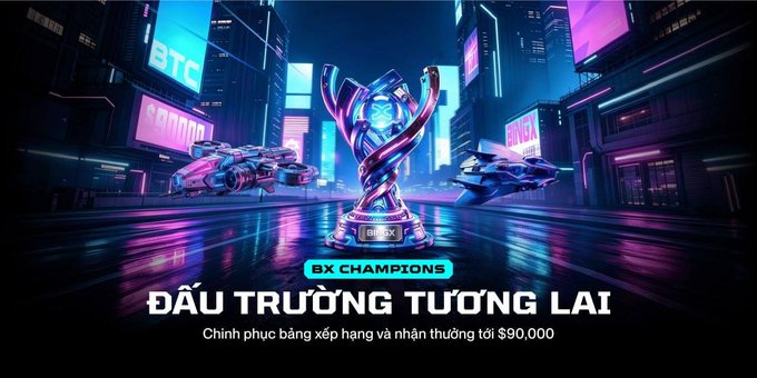 A promotional banner for BX Champions' "Đấu Trường Tương Lai" (Future Arena) event featuring a glowing futuristic trophy and racing vehicles in a neon-lit cyberpunk cityscape, with text announcing a $90,000 total prize pool. The image visually reinforces the competitive esports-style trading tournament described, showcasing the championship trophy as the ultimate prize for top performers.