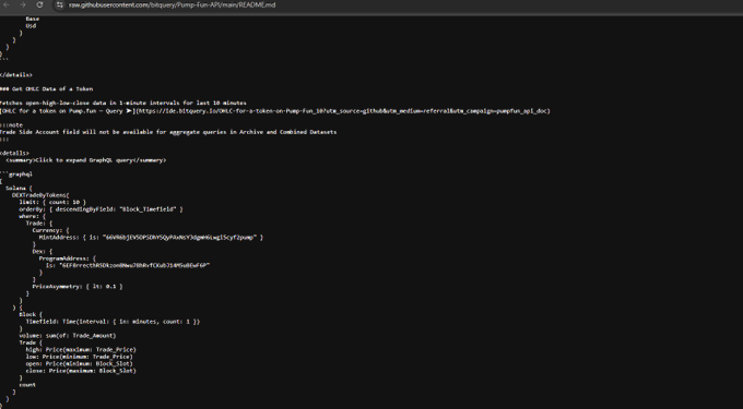 A screenshot of GitHub documentation showing a GraphQL query snippet that tracks Pump.fun tokens, with a hardcoded contract address "66b8jzjgDtQSPCZNVQ7bXADhrjXgSWCmq3Lcy7jtuamp" visible in the `PumpAddress` field, illustrating the discovery that Bitquery's public API documentation contains Pump.fun's actual contract address.