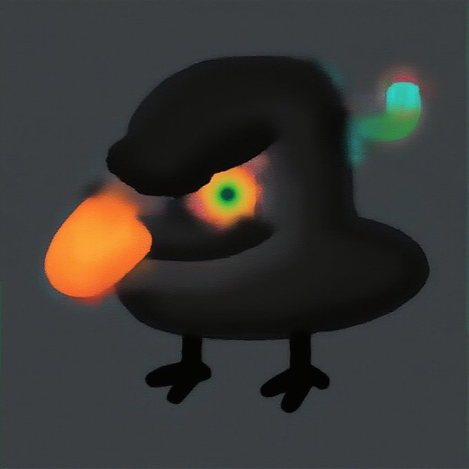 A dark, cartoonish figure with a glowing orange beak, one glowing multicolored eye, and a small glowing green tail stands against a gray background.