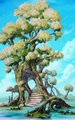 A vibrant, cartoon-style illustration of a giant tree with a lush green canopy, featuring wooden ladders and platforms nestled among its roots and branches under a bright blue sky.
