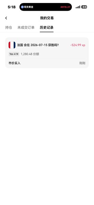 A screenshot of an OKX "My Trades" history page showing a losing market buy on the prediction "法国 会在 2026-07-15 获胜吗?" (Will France win on 2026-07-15?) for 1,280.48 shares of YES at 1¢, resulting in a -524.99 KP loss, humorously illustrating the post about betting all their XP on France to win outright on OKX.