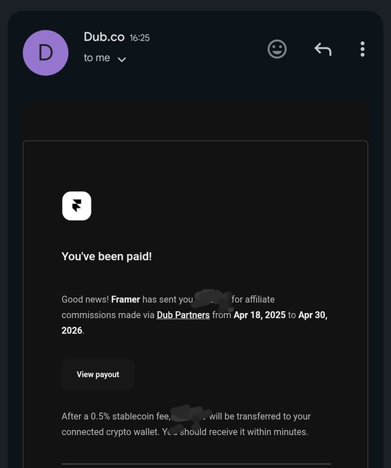 !!! The image shows a message that says "First @framer affiliate payouts After being processed for 3 days, it was sent and got it in minutes in my @clevabanking account using the USDC payout on Dub I actually thought it was going to take a while for the payouts to be issued but no, it's actually fast.".