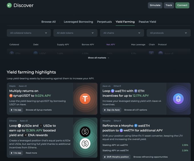 A screenshot of a Discover dashboard highlighting Yield Farming opportunities, including looping syrupUSDT for 9.02% APY on Maple, wveETH incentives for up to 12.17% APY on Aave v4, and Morpho vwstETH positions.