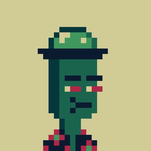 A minimalist pixel art portrait of a green-skinned character wearing a wide-brimmed black hat with a light green band, depicted with dark eyes and red accents, set against a plain olive-green background.