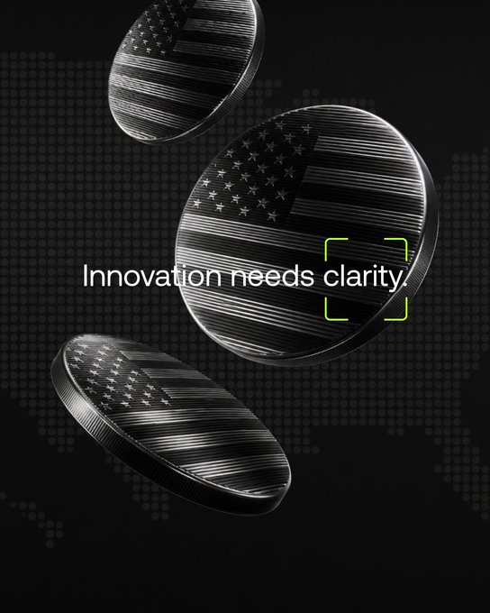 The image features three metallic coins bearing the American flag design, arranged dynamically against a dark background with a green targeting reticle highlighting the central coin. The overlaid text reads "Innovation needs clarity," visually reinforcing the post's call for clearer direction and insight regarding the US.