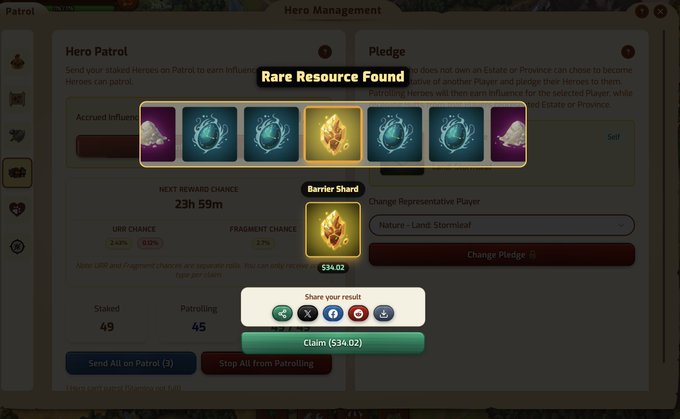 A video game screenshot shows a 'Hero Management' interface with a 'Rare Resource Found' pop-up displaying a 'Bariier Shard' and a claim button for 534.02 currency.