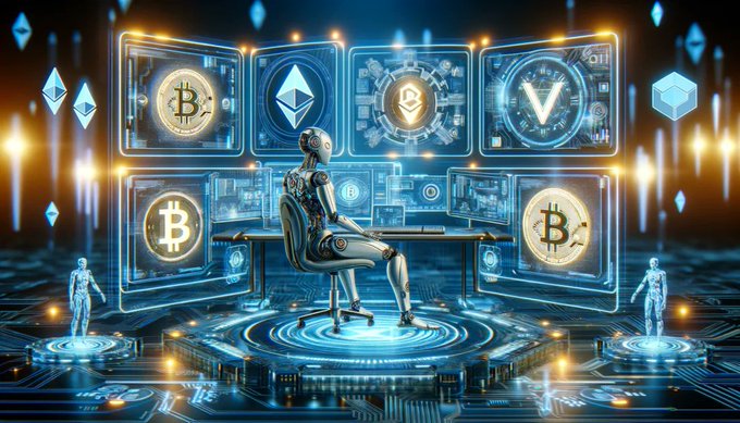 Digital illustration of a robot seated at a desk surrounded by holographic screens displaying Bitcoin and other cryptocurrency logos in a futuristic tech environment.