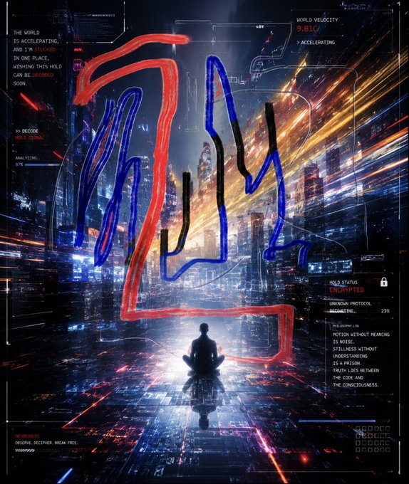 A digital sci-fi artwork showing a silhouetted figure meditating in front of a futuristic cityscape, overlaid with a digital interface, red and blue graffiti-style lines, and text including 'WORLD VELOCITY', 'THE WORLD IS ACCELERATING', and 'HOLD STATUS ENCRYPTED'.