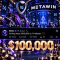 A promotional image for 'METAWIN' showing a giveaway of 150,000 (partially visible) and a jackpot display of $100,000.