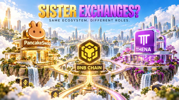 A colorful digital artwork titled 'SISTER EXCHANGES? SAME ECOSYSTEM. DIFFERENT ROLES.' showcasing PancakeSwap and Thena as floating islands connected by a golden bridge with the BNB Chain logo in the center.