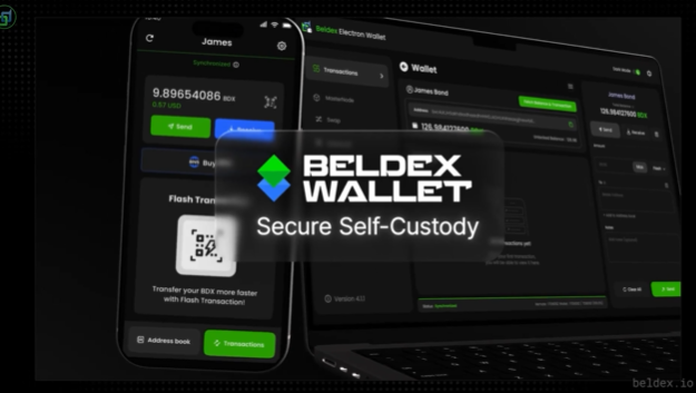 A promotional banner for 'BELDEX WALLET' displaying the tagline 'Secure Self-Custody' over a background of mobile and desktop wallet interfaces showing a balance of 9.89654086 BDX.