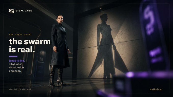 The image features a woman standing in front of a mirror, with her reflection visible behind her. She is wearing a black dress and boots. In the background, there are two purple signs that read "$SIBYL $VIRTUAL Agents with memory, skills, and independent judgment have become real teammates, not just tools". The image also includes text that reads "The swarm is real." This suggests that the woman in the image might be a character from a video game or movie who has been portrayed as an agent.