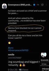 A tweet from user GreenpeaceBNE discusses being accused as a thief and scammer, highlighting the phrase "Genius here blocked me so I cannot respond!" and tagging @GreenpeaceUNITED.