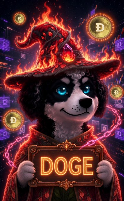 Digital artwork of an anthropomorphic dog character wearing a flaming witch hat and red robe, holding a sign that reads 'DOGE' with Dogecoin coins floating around.