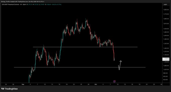 A TradingView chart of ZEC/USD perpetual contract shows a sharp decline from the ~$1,330 resistance zone down to the ~$1,000 support area, visually confirming the post's note that the asset "lost and plummeted" with the next support zone now in focus for a reaction.