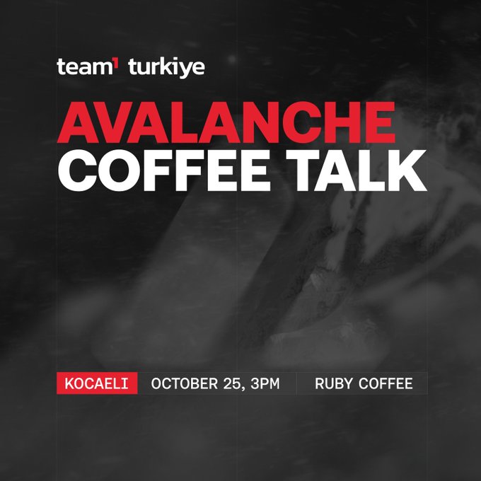 A black, red, and white event poster for “team¹ turkiye” says “AVALANCHE COFFEE TALK,” with details: “KOCAELI,” “OCTOBER 25, 3PM,” and “RUBY COFFEE.”