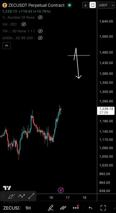 A trading chart of ZECUSDT Perpetual Contract on the 1-hour timeframe shows the price at 1,229.13 USDT, up 10.76%, with a large white arrow pointing downward to suggest an anticipated price drop despite the current upward momentum.