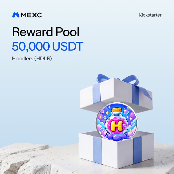 MEXC's inaugural "Kickstarter" event features a 50,000 USDT reward pool for the Hoodlers (HDLR) token, depicted as a vibrant coin emerging from a gift box, aligning with the post's excitement around the $HDLR launch.