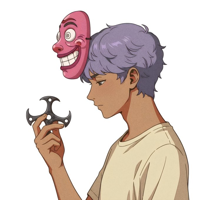 An anime-style illustration of a purple-haired boy holding a shuriken with a pink grinning mask attached to his head.
