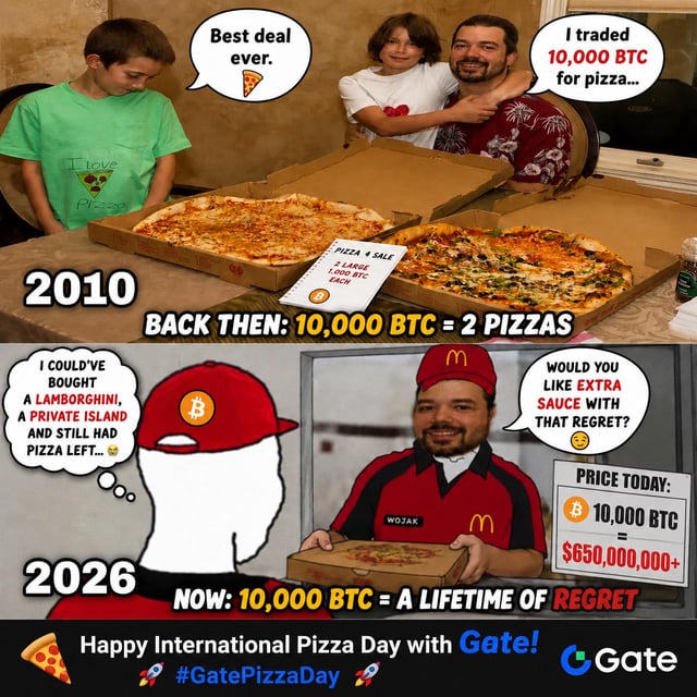 The image shows a comparison of two different pizza deals from 2010 and 2020. In the 2010 version, the deal was 10,000 BTC (1 Bitcoin) worth of pizza. The 2020 version has increased the value to 2,000,000,000,000,000,000,000,000,000,000,000,000,000,000,000,000,000,000,000,000,000,000,000,000,000,000,000,000. The image also includes a cartoon of a pizza delivery person and a man in a red hat with the caption "I bought it for $1,000,000".