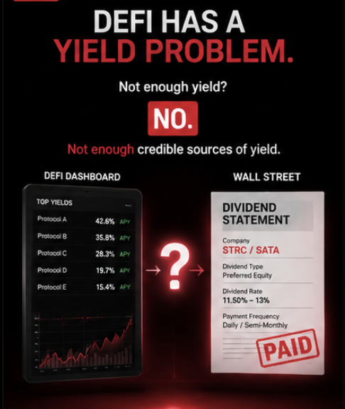 Infographic titled 'DEFI HAS A YIELD PROBLEM' arguing the issue isn't enough yield but not enough credible sources, comparing a DeFi dashboard showing protocol APYs (15-42%) with a Wall Street dividend statement showing 11.50-13% preferred equity rates from companies like STRC/SATA.