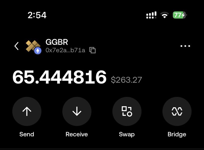 A mobile wallet screenshot displays a balance of 65.444816 GGBR tokens (valued at $263.27) with action buttons for Send, Receive, Swap, and Bridge. The image supports the post by visually confirming the receipt of an ambassador payout in GGBR tokens, showcasing the tangible reward being recognized.
