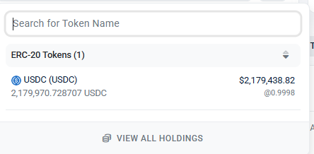 The image displays an Etherscan search bar showing one ERC-20 token holding: 2,179,970.728707 USDC valued at $2,179,438.82 at $0.9998, which appears to illustrate the ~$2.18 million raised in the @ethos_network token sale mentioned in the post.