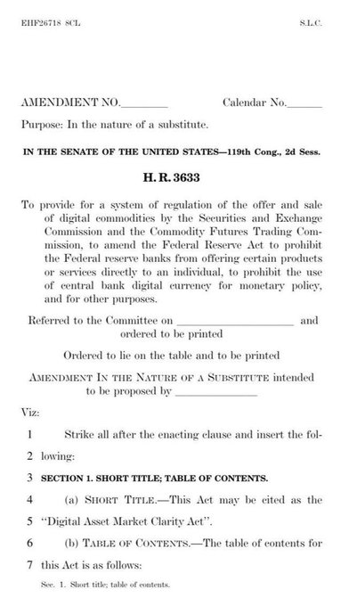 A page from a U.S. Senate legislative document showing Amendment No. to H.R. 3633, the 'Digital Asset Market Clarity Act'.