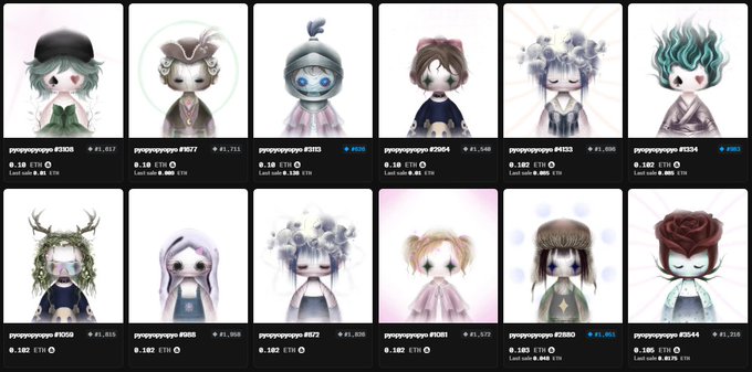 A grid of 12 chibi-style NFT collectible character avatars displayed on a marketplace, with names like psyopcoypaya #1303 and prices listed in ETH.