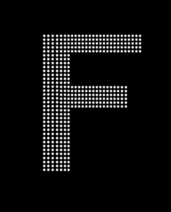 A stylized letter 'F' created from white dots arranged in a grid pattern against a black background.