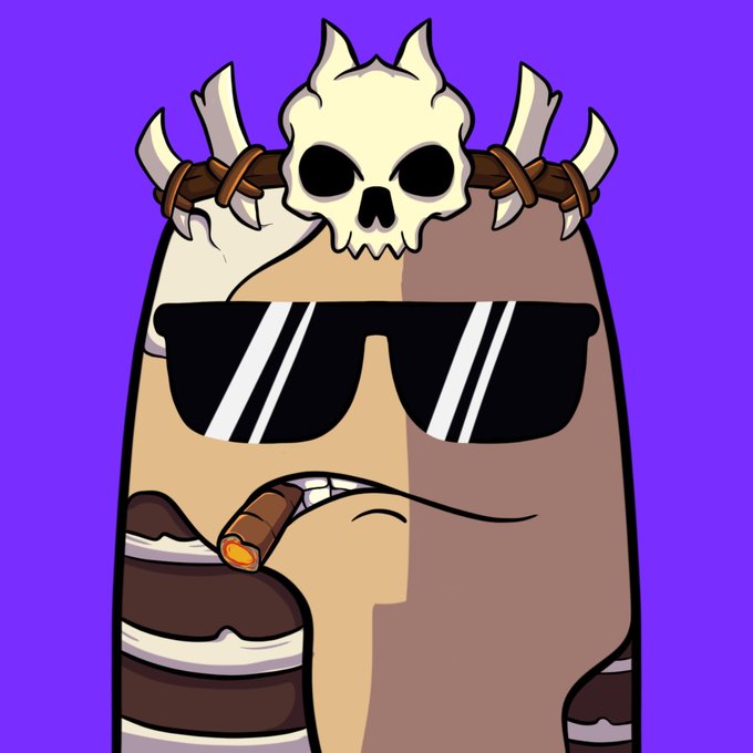 A cartoon character wearing oversized sunglasses, a bone-and-skull crown, and holding a cigar is shown against a purple background, evoking a "cult leader" vibe that ties into the post's announcement of "The Blob Cult" mint day for the Ink Blobs collection on @inkonchain.