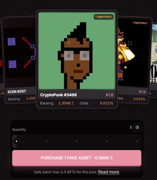 A screenshot of a digital trading interface showing 'CryptoPunk #3498' labeled as 'Legendary' with backing of 1.3048 ETH and odds of 0.011%, alongside a button to 'PURCHASE 1 FAKE ASSET'.
