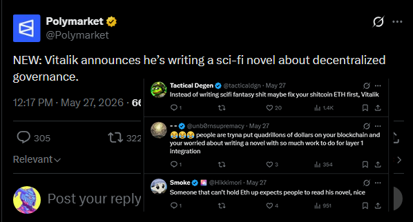 The image shows a Twitter feed with several posts related to Vitalik but without any text or images. The posts include a tweet from Vitalik, a post by someone named "PostYourR reply", and a post about a book called "Vitalik". These posts are in various sizes and orientations on the feed, indicating that they were posted at different times and possibly by different users.